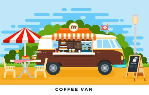 Coffee and baking van in the park vector flat illustration. Ilustración de archivo