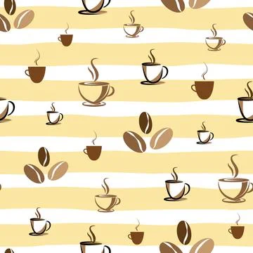 Coffee and beans seamless pattern on yellow striped background Stock Illustration