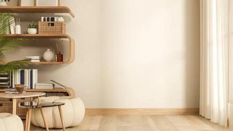 Coffee and book on table and stool chair with display shelf on wooden floor.. イラスト素材
