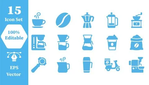 Coffee and brewing equipment flat blue icon set with espresso, beverage Stock Illustration