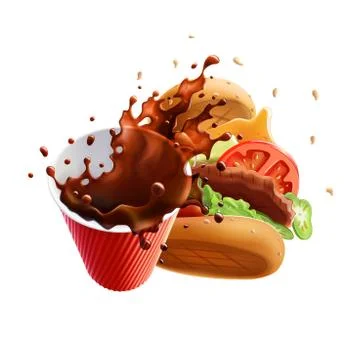 Coffee and Burger Dynamic Collision. Vector Objects Isolated on White Background Stock Illustration