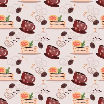 Coffee and cake seamless pattern design with cups and coffee grains, vector. Stock Illustration