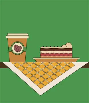 Coffee and cake on the table on a green background. Stock Illustration