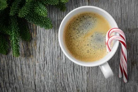 Coffee and candy cane for the holidays with christmas pine branch Stock Photos