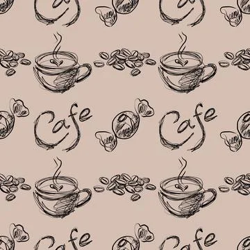Coffee and Candy Scribble Seamless Pattern on Beige Background Stock Illustration
