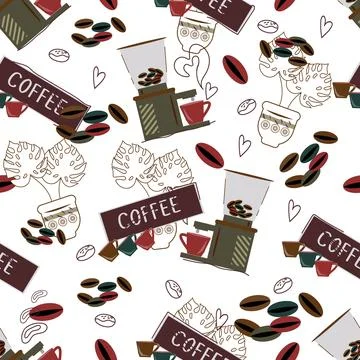 Coffee and coffee machine seamless pattern hand drawn flat vector. イラスト素材