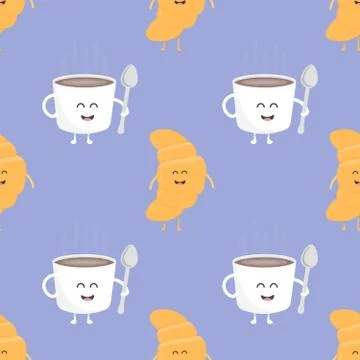 Coffee and croissant seamless pattern. Template for kids menu restaurant. Vector 스톡 일러스트