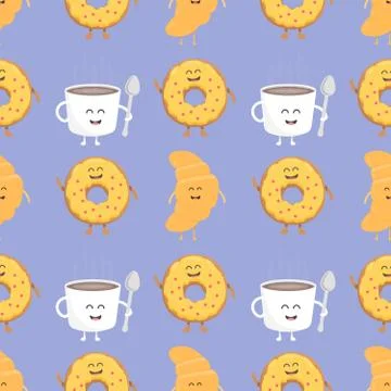 Coffee and croissant seamless pattern. Template for kids menu restaurant. Vector 스톡 일러스트