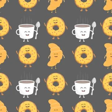 Coffee and croissant seamless pattern. Template for kids menu restaurant. Vector Stock Illustration