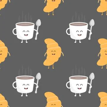 Coffee and croissant seamless pattern. Template for kids menu restaurant. Vector Stock Illustration