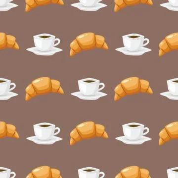 Coffee and croissant seamless pattern brown caffeine breakfast morning sweet Stock Illustration