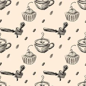 Coffee and Cupcake Scribble Seamless Pattern with Portafilter Stock Illustration
