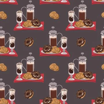 Coffee and Dessert Seamless Pattern with Flat Design. Ideal for Bakery Branding Stock Illustration