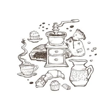 Coffee and dessert vector set illustration. Food elements located around Stock Illustration