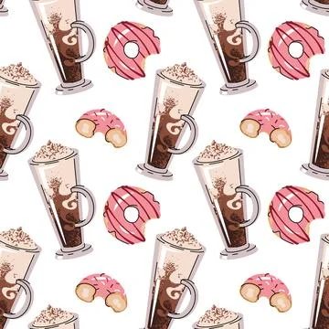 Coffee and Donut Seamless Pattern with Flat Design. Ideal for Beverage Branding Stock Illustration