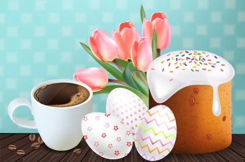 Coffee and Easter Traditional sweet bread Vector realistic. Easter Eggs. Holi Stock Illustration