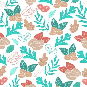 Coffee and leaves seamless pattern Stock Illustration