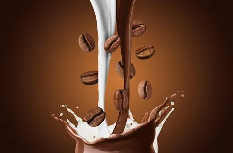 Coffee and milk flows with beans in air on brown gradient background Stock Photos