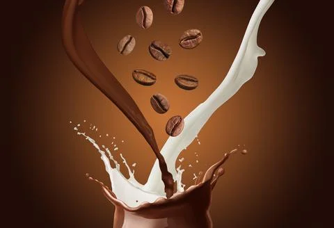 Coffee and milk flows with beans in air on brown gradient background Stock Photos