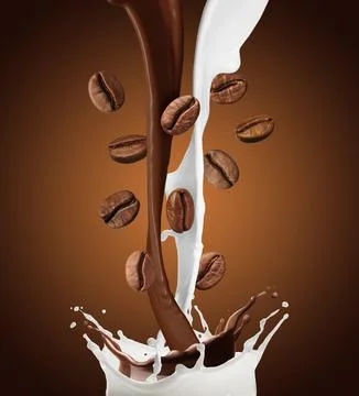 Coffee and milk flows with beans in air on brown gradient background Stock Photos