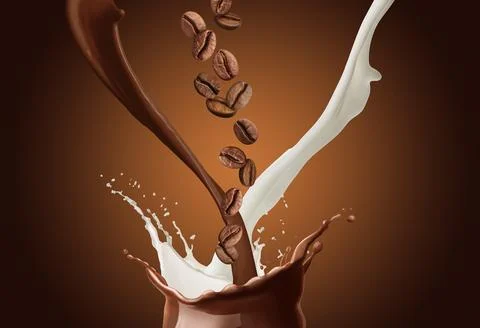 Coffee and milk flows with beans in air on brown gradient background Stock Photos