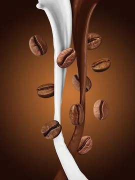 Coffee and milk flows with beans in air on brown gradient background Stock Photos