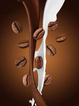 Coffee and milk flows with beans in air on brown gradient background Stock Photos