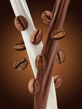 Coffee and milk flows with beans in air on brown gradient background Stock Photos
