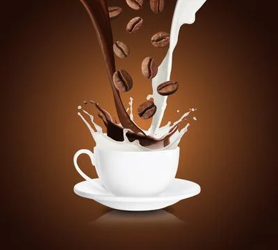 Coffee and milk flows with beans falling into cup on brown gradient backgroun Stock Photos