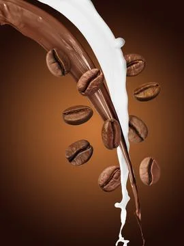 Coffee and milk flows with beans in air on brown gradient background Stock Photos