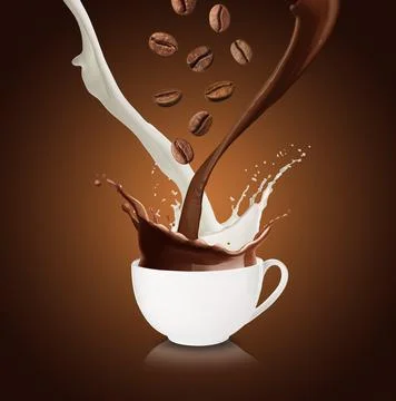 Coffee and milk flows with beans falling into cup on brown gradient backgroun Stock Photos