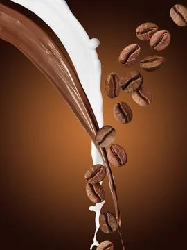 Coffee and milk flows with beans in air on brown gradient background Stock Photos