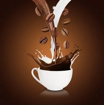 Coffee and milk flows with beans falling into cup on brown gradient backgroun Stock Photos
