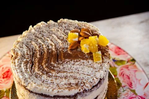 Coffee and orange cake with a layer of jelly Stock Photos