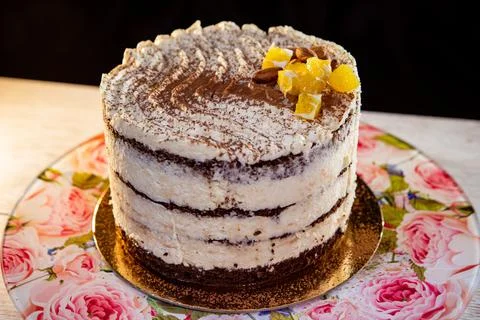 Coffee and orange cake with a layer of jelly Stock Photos
