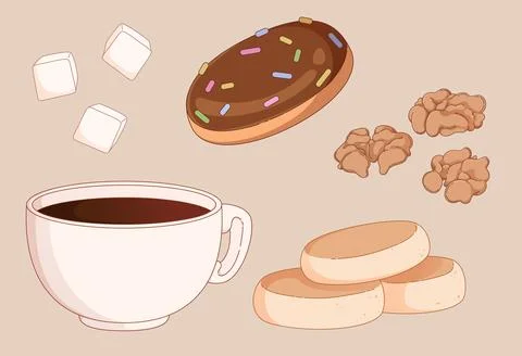 Coffee and sweets set isolated on background Stock Illustration