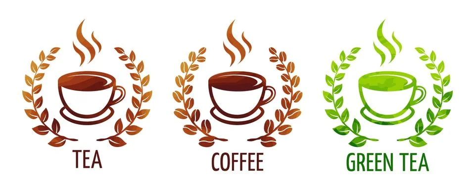 Coffee and tea cups vector symbols. Logo coffee cup with coffee wreath. eps 1 Stock Illustration