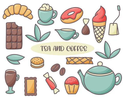 Coffee and tea doodle set isolated vector illustration Ilustração Stock