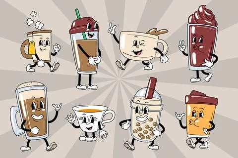 Coffee and tea drinks. Retro rubber hose style cartoon characters set, feat.. Stock Illustration