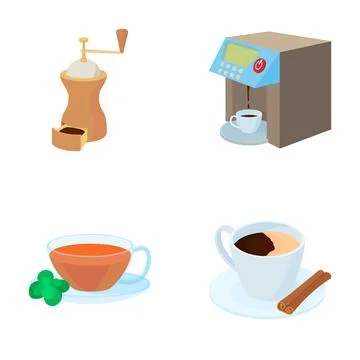 Coffee and tea flat cartoon icons set Stock Illustration