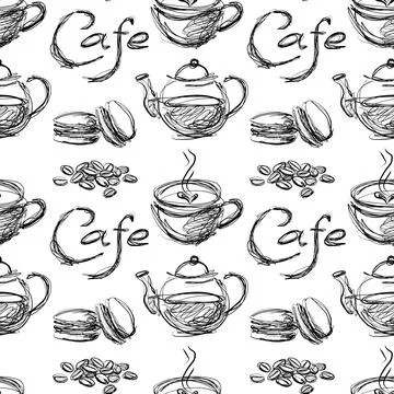 Coffee and Tea Seamless Pattern with Scribble Hand Drawn Icons Stock Illustration