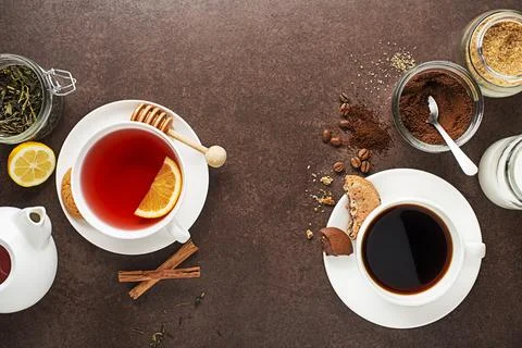 Coffee and tea served on the table Stock Photos