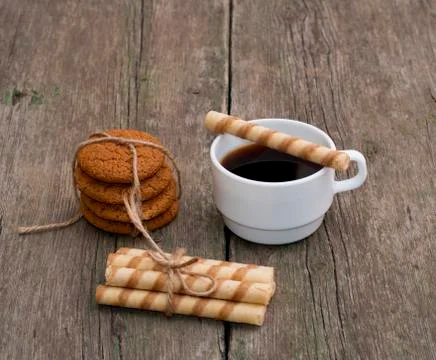 Coffee and two linking of different cookies, still life Stock Photos
