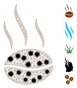 Coffee Aroma Wire Frame Mesh Icon with Covid Nodes Illustration