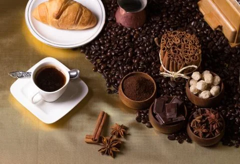 Coffee arrangement on a table Stock Photos