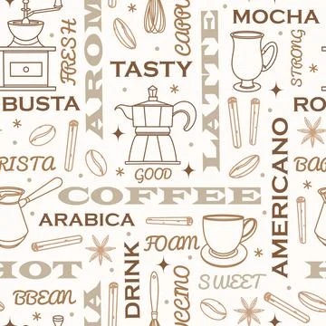 Coffee attributes seamless vector pattern. Hand-drawn illustration on a light Illustrazione stock