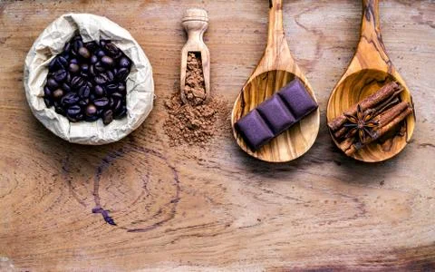 Coffee background and menu design. Ingredients for latte coffee . Stock Photos