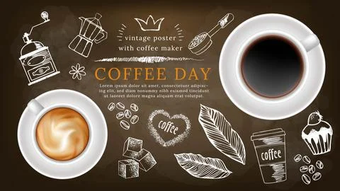 Coffee background. Chalk on blackboard template for ad. 3D realistic cup wi.. Stock Illustration