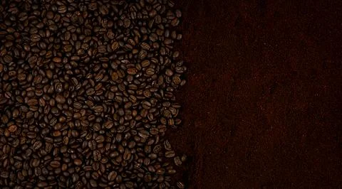 Coffee background. Coffee beans and ground coffee, top view. Stock Photos