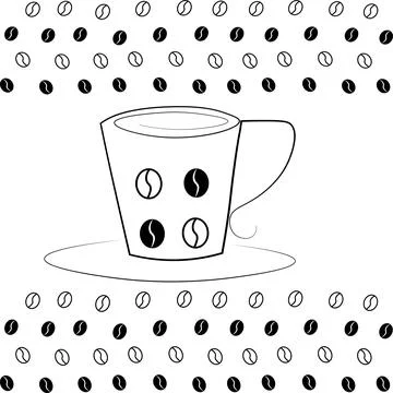 Coffee background A cup of coffee and coffee beans. Doodle-style drawing. Stock Illustration